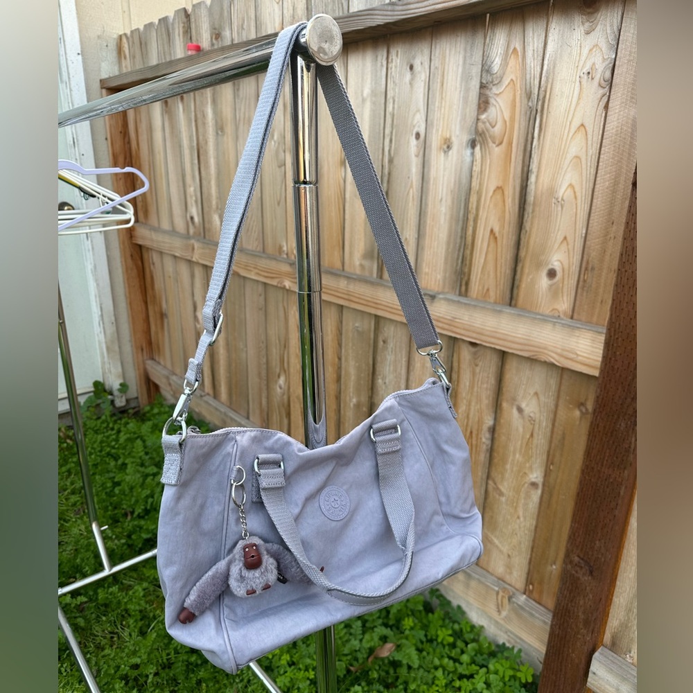 Kipling Light Gray Shoulder Bag with Monkey Charm